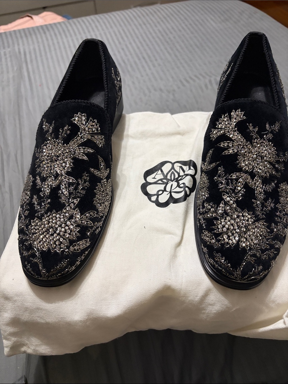 Alexander McQueen Black Velvet Loafers with Silver Floral Crystal Embellishment